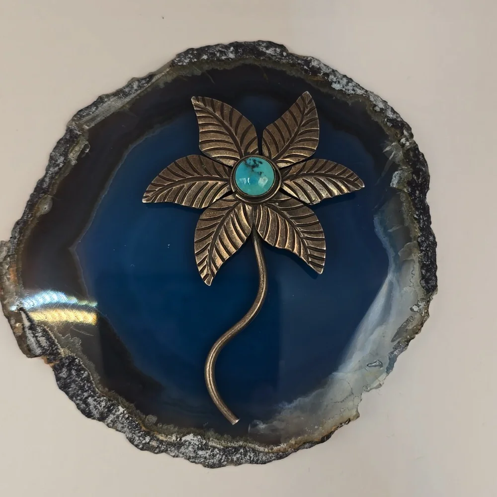 Vintage Southwestern Native American Turquoise Silver Flower Brooch